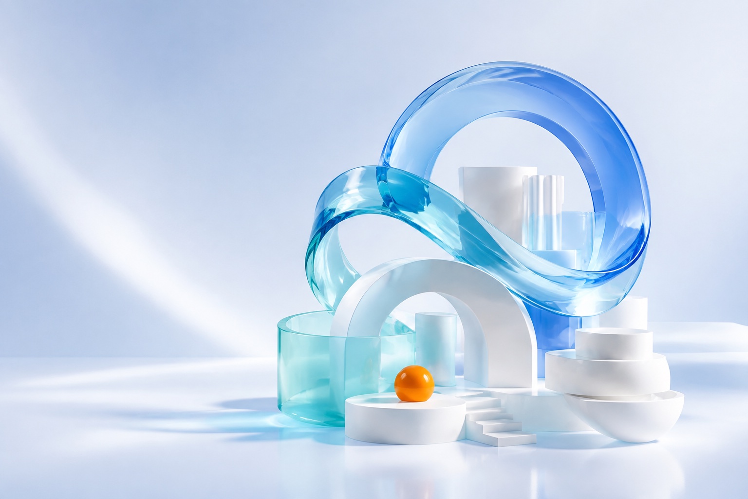 Sculptural blue and teal glass forms connecting around a light-filled arch