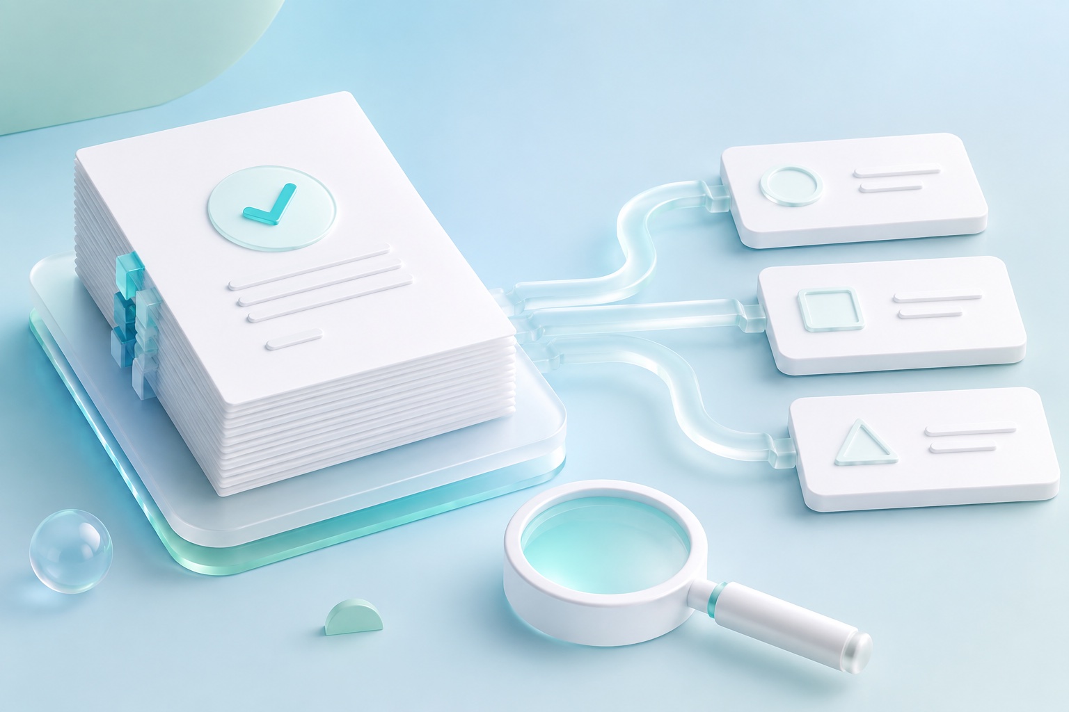 Illustration of reviewed documents connected to supporting evidence cards