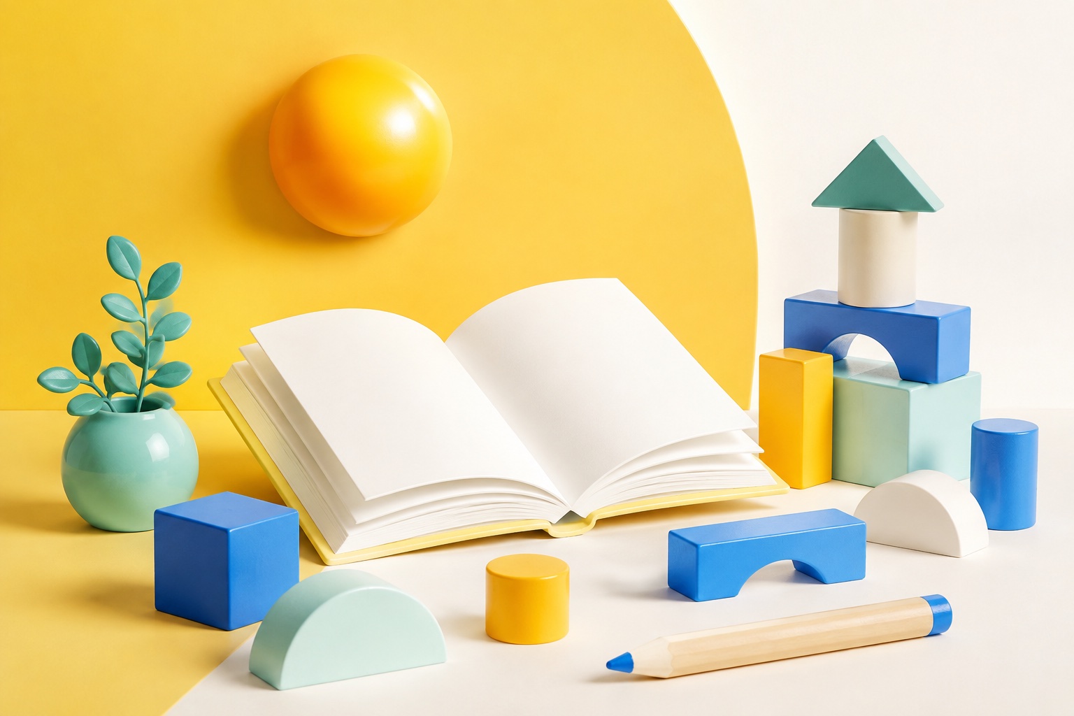 Playful illustration of an open book, colorful learning blocks, and a yellow sun