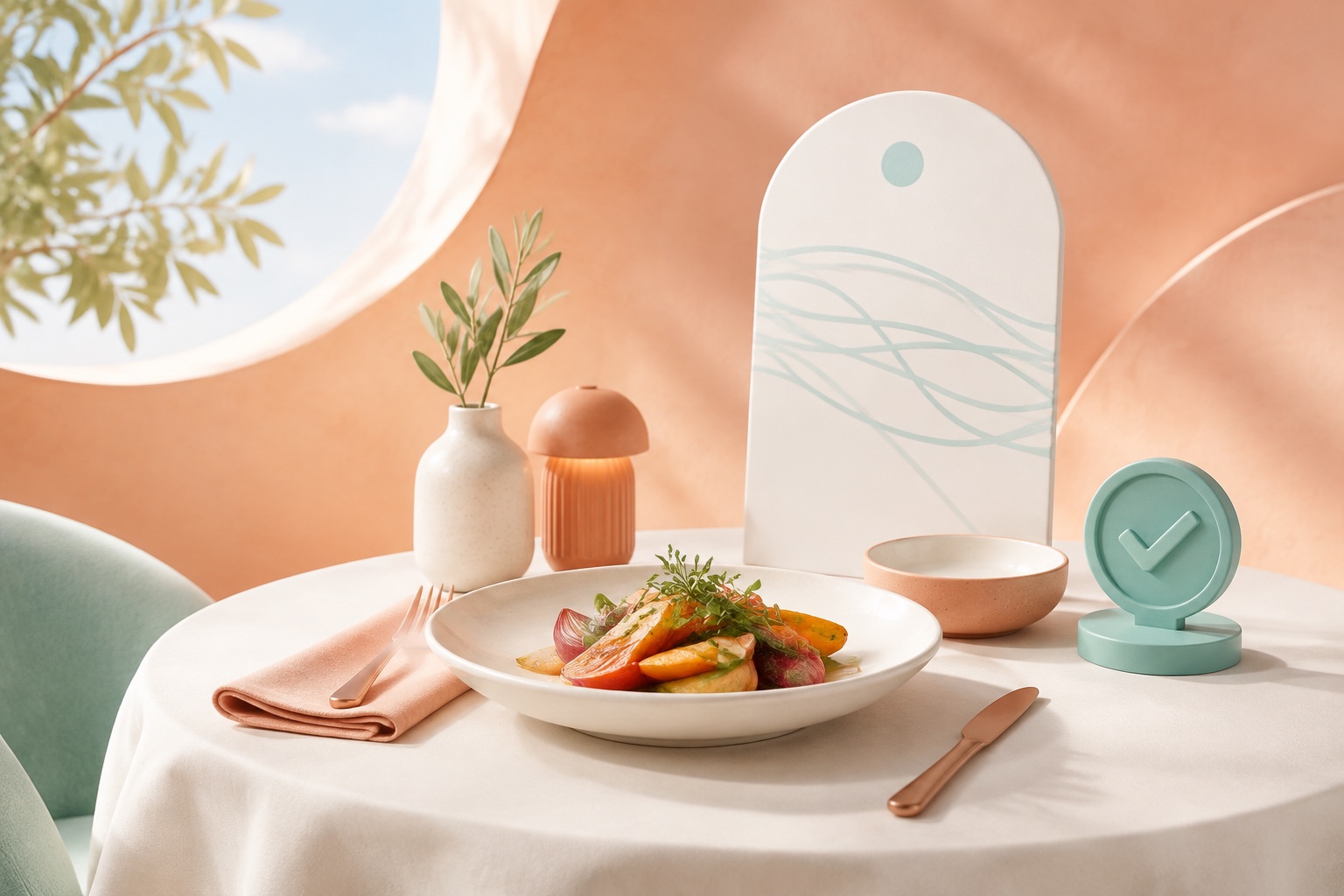 Bright illustration of a restaurant table with a plated meal and a menu