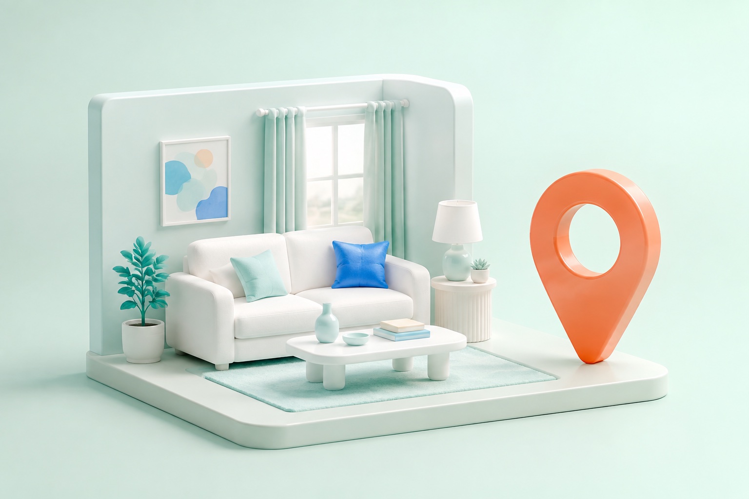 Bright miniature living room with a white sofa and an orange location marker