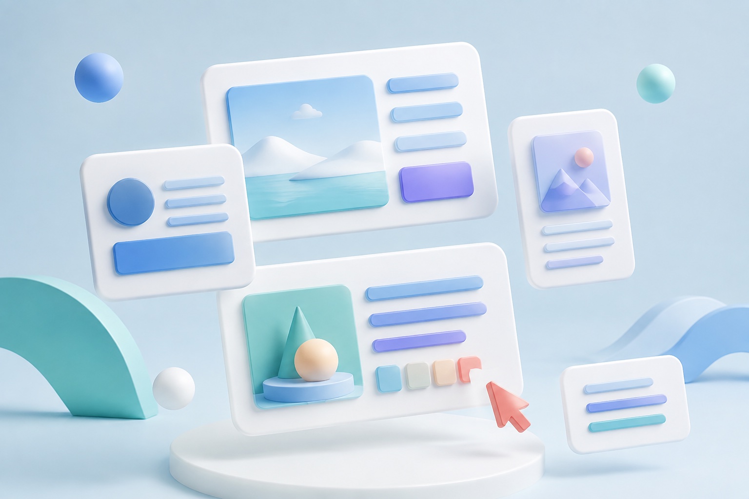 Illustration of a modular website made from floating white and blue content panels